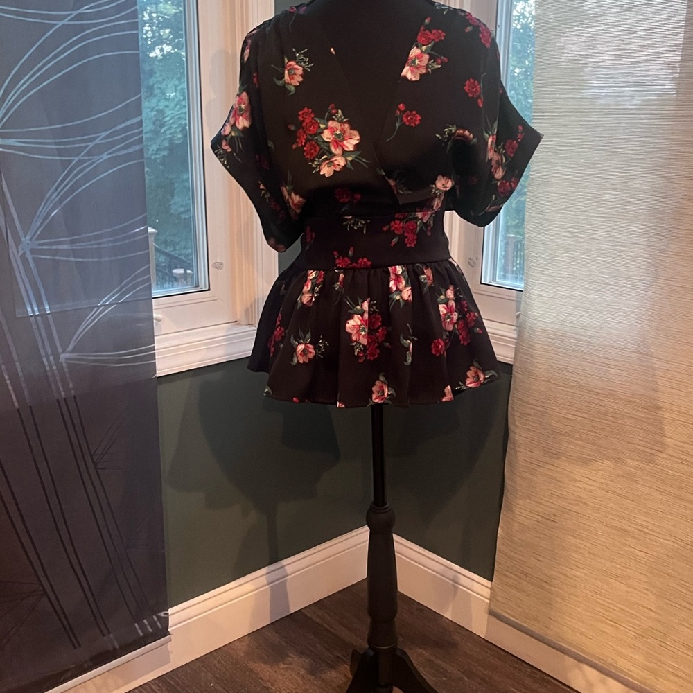 Express Black Floral Peplum Blouse with Pink and Red Roses